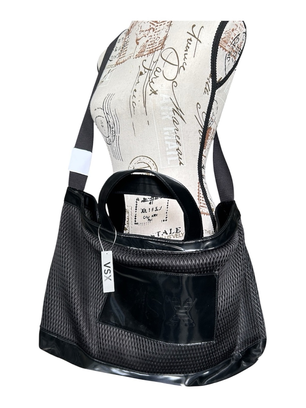 NWT VSX Black Mesh and Vinyl Tote Bag with Shoulder Strap
